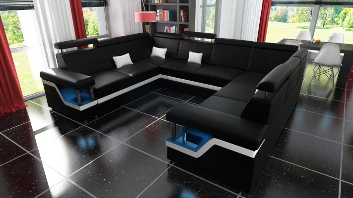 Ecksofa Wohnlandschaft Sofa Couch U Form Polster Couchen Leder Design Beleuchtet