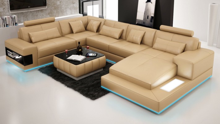 XXL Ledersofa mit USB,Wohnlandschaft Ecksofa Design Sofa Garnitur Eckcouch Neu