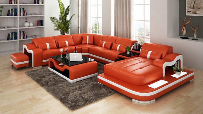 Ledersofa mit USB Couch Wohnlandschaft Ecksofa Eck Garnitur Design Modern Sofa