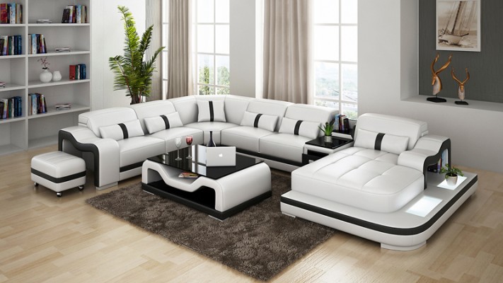 Ledersofa mit USB Couch Wohnlandschaft Ecksofa Eck Garnitur Design Modern Sofa