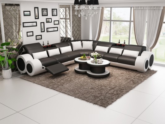 Wohnlandschaft Designer Sofa mit USB Big Polster Leder Sofas Eck Ecke Sitz Black