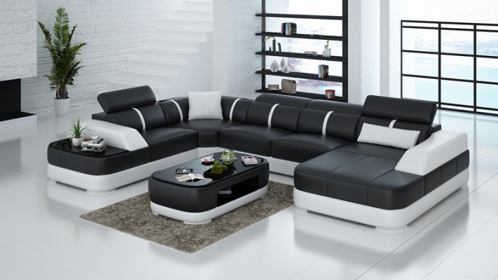 Wohnlandschaft Designer Sofa mit USB Big Polster Leder Sofas Ecke Sitz Black