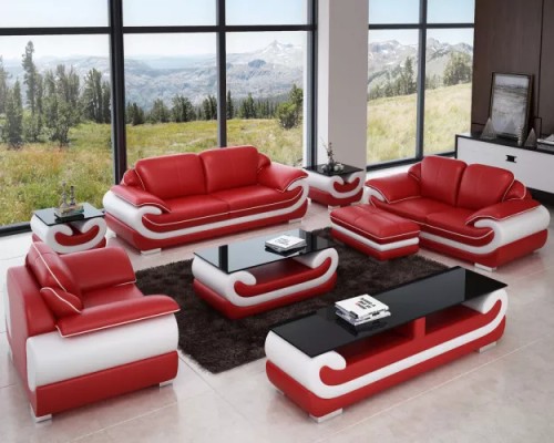 Classic Leather Sofa Suite Complete Set 8 pcs. Living room Set Table Stool