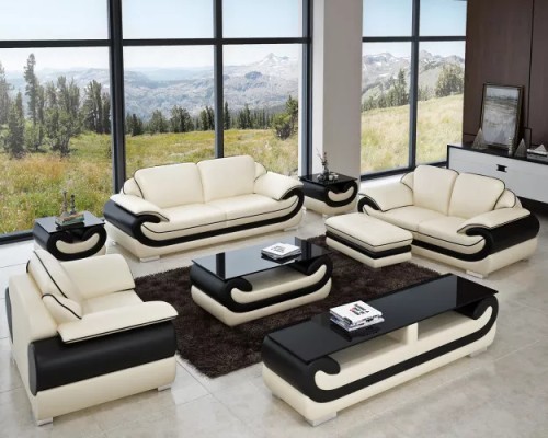 Classic Leather Sofa Suite Complete Set 8 pcs. Living room Set Table Stool