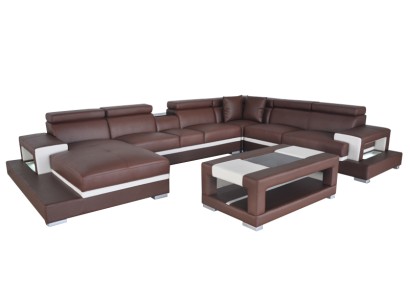 U образный угловой диван из качественной кожи в дизайнерском стиле + столик для гостиной 