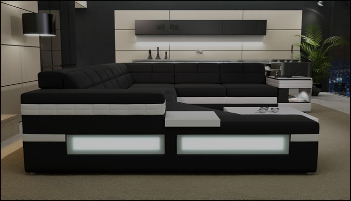 Ledersofa LED USB Sofa Couch Polster Ecke Wohnlandschaft Ecksofa Design Leder