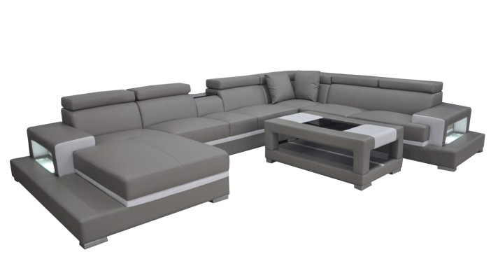 Design Leder Polster Sitz Zimmer Wohn Sofa Eck Couch Designer Garnitur +Tisch