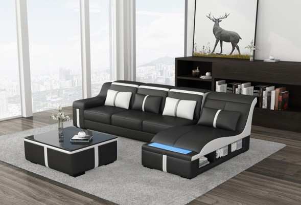 Design Eck Sofa USB LED + Tisch Polster Eck Sitz Leder Garnitur Wohnlandschaft