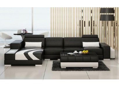 Sofa Couch Wohnlandschaft XXL Couch Ledersofa mit Ottomane Sofagarnitur V015