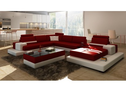 Sofa Couch Wohnlandschaft XXL Couch Ledersofa mit Ottomane Sofagarnitur 2725