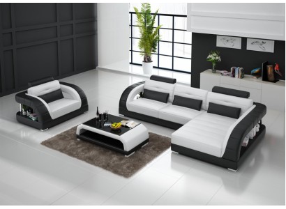 L образный кожаный диван + кресло в превосходном дизайнерском стиле 