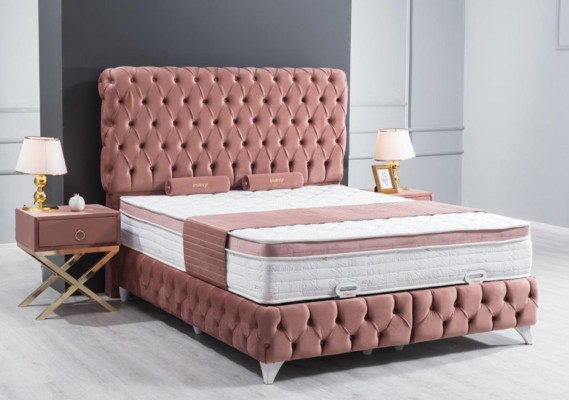 Boxspring Rosa Chesterfield Bett Elegantes Design Luxus 2x Nachttische 3tlg.