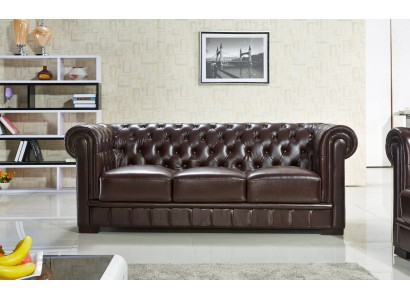 3-х местный диван в коричневом цвете с кожаной обивкой в современном стиле Честерфилд  