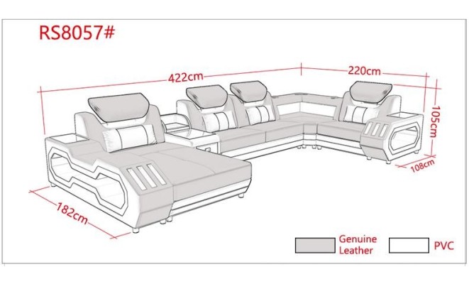 Ecksofa UForm Couchtisch Ledersofa Wohnlandschaft Designer Sofa 2tlg.Set led usb