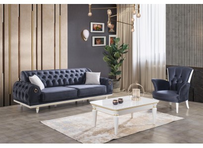 Комплект мебели для гостиной из 3х частей 3х-местный диван Честерфилд + кресло Честерфилд + журнальный столик материал обивки текстиль