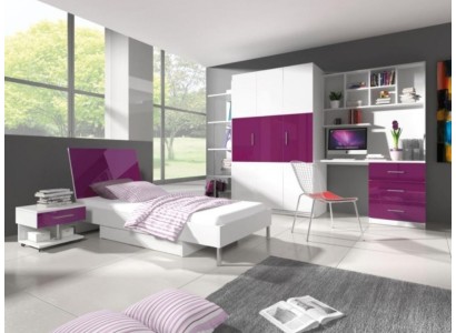 Детский спальный гарнитур в фиолетовом цвете кровать + шкаф + прикроватная тумба + письменный стол + книжная полка 