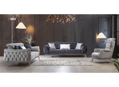 Sofagarnitur 3+3+1 Sitzer Blau Sessel Luxus Chesterfield Einrichtung