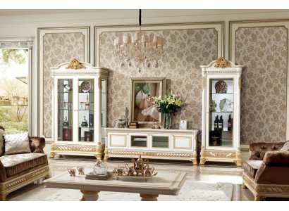 Классическая модульная стенка для гостиной в белом цвете с золотыми декоративными элементами 