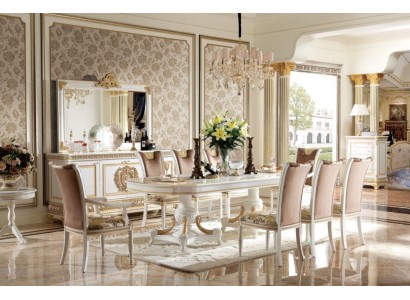 Безупречный комплект мебели для столовой в классическом стиле в нежных светлых оттенках состоящий из обеденного стола и стульев на 8 персон 