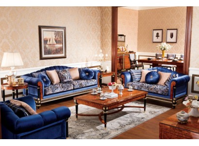 Яркий комплект диванов 3+2+1 насыщенного синего цвета с чудесными декоративными элементами золотого оттенка 