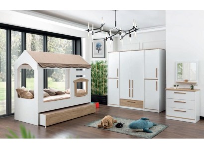 Kinderzimmer Bett Haus Überdachtes Bett Schlafzimmer Set Garnitur Spiegel 4tlg.