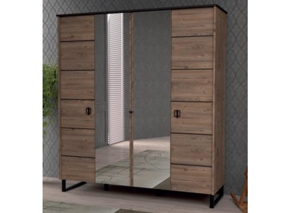 Брутальный вместительный шкаф коричневого цвета с зеркалами в области средней зоны изделия 