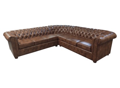 Изысканный угловой кожаный диван Честерфилд L-образной формы в коричневом цвете 