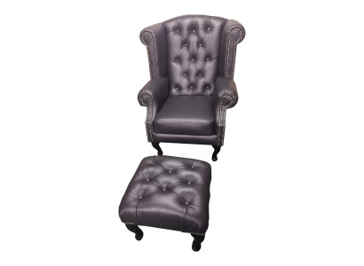 Luxus Ohrensessel und Hocker Chesterfield Sessel Leder Schwarz Modern