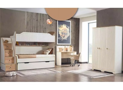 Комплект мебели для детской комнаты из кровати стола и шкафа в современном дизайне и лаконичной сдержанной расцветке из премиальных материалов