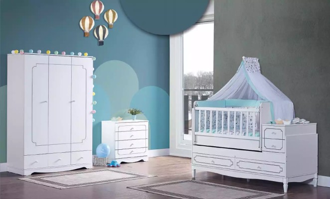 Säugling Zimmer Kinderzimmer Bett Weiß Schlafzimmer Baby Schrank Kommode 3tlg.