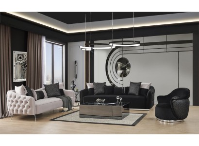 Гарнитур мягкой мебели 4+3+1 выполненный в черных и белых цветах и декорирован современным узором в стиле Честерфилд