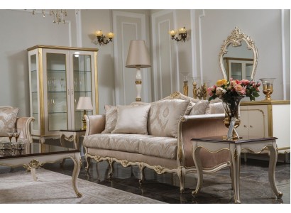 3-х местный диван для гостиной в классическом стиле с золотыми цветами из натурального дерева
