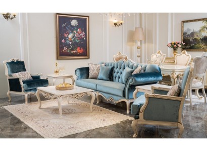 Винтажный комплект диванов 3+1+1 в голубом цвете и журнальным столиком