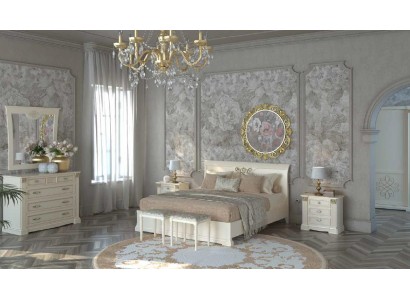 Роскошная дизайнерская кровать выполненная из дерева в белом цвете с золотыми вставками 