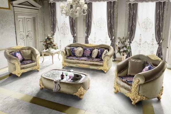 Classic Living room set with 3+2+1 Sofas and Coffee table with gold inlays