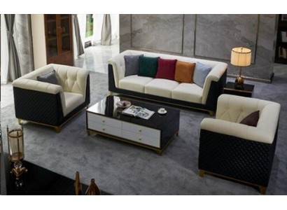 Восхитительный комплект кожаных диванов 3+2+1 в черно-белом цвете