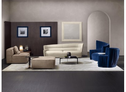 Современный уютный дизайнерский комплект для гостиной: 3+3+1 в бежево-синем оформлении