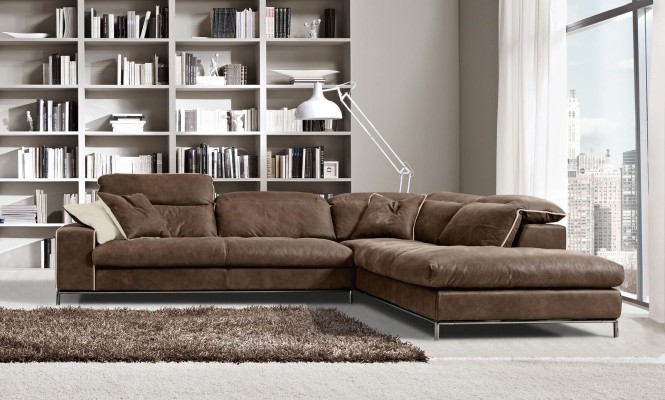 Design Ecksofa Prianera Moderne Luxus Ecke Leder Holz Sofa L-Form Braun