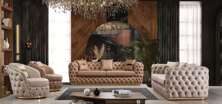 Chesterfield Sofa set 3+3+1+1 Seater Suite Sofa Armchair Sofas Leather Beige