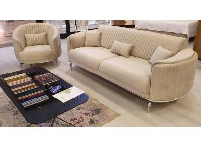 Sofagarnitur Wohnzimmer Möbel Textil Weiß Sofa Set 3+1 Sitzer Modern Design