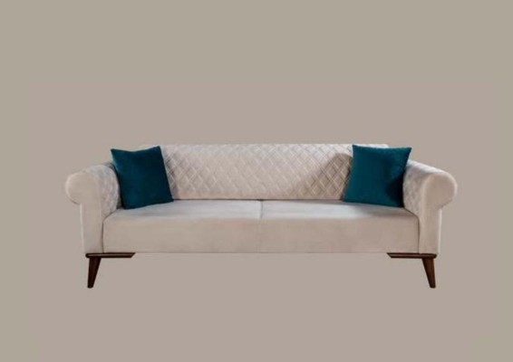 Beige three-seater couch, elegant sofa, seating furniture, living room, velvet