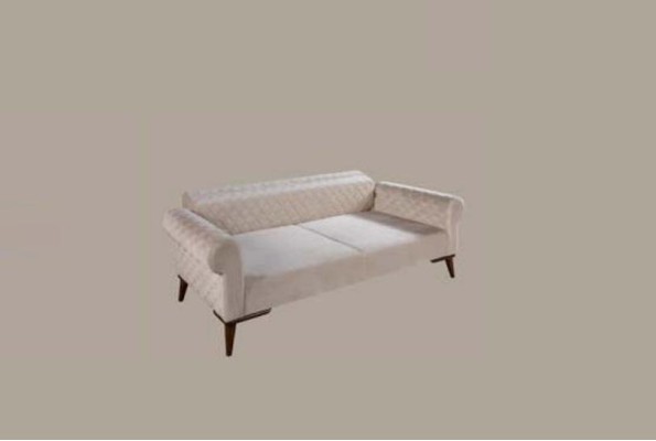 Beige three-seater couch, elegant sofa, seating furniture, living room, velvet