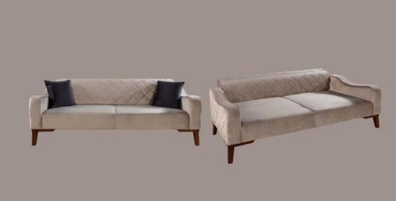 Beige three-seater couch, elegant sofa, living room, seating furniture, velvet