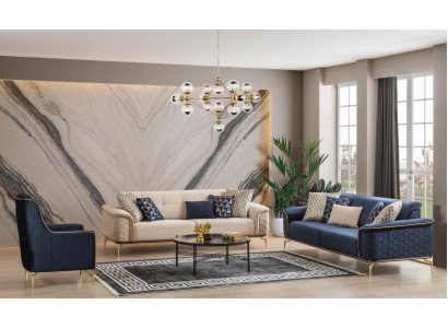Комплект диванов 3+3+1 в бежево-синем цвете из качественного текстиля
