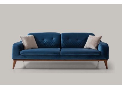 Бархатный диван в синих оттенках на три места с элементами дерева