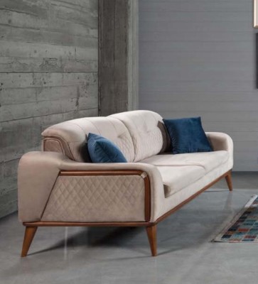 Beige Couch Wohnzimmer Dreisitzer Sitzpolster Sofa Möbel Samt Holz