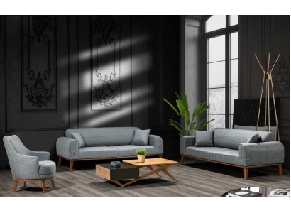 Дизайнерский диванный гарнитур 3+3+1 в серых тонах и деревянными ножками 
