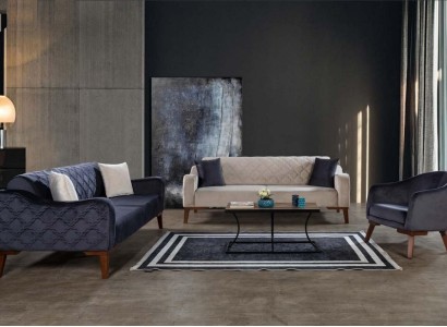 Wohnzimmer Sofagarnitur Sofa 3+3+1 Blaue Polster Set Sessel Textil