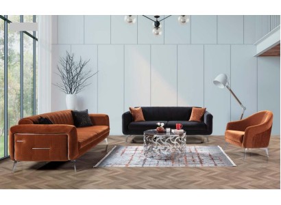 Комфортабельный диванный гарнитур 3+3+1 из материала оранжевого и черного цвета