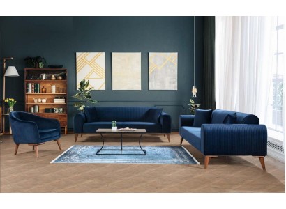 Очень привлекательный диванный гарнитур 3+3+1 из бархатного текстиля синего цвета